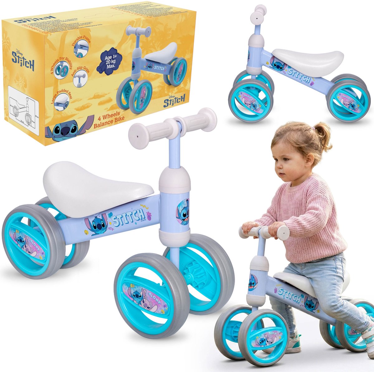 DISNEY Stitch Meisjesloopfiets met 4 wielen, lichtgewicht, van metaal, eerste fietsje, loopfiets 1+ (5906555049592)