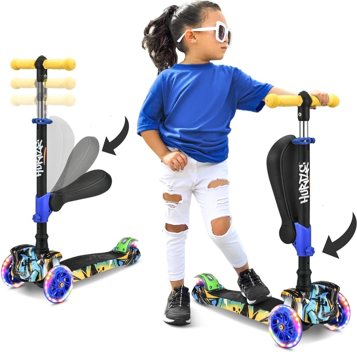 Hurtle Kinderstep, 3-wiel Step, Opvouwbare Scooter met Verstelbare Hoogte, Antislip Platform, LED Verlichte Wielen, Step voor Meisjes/Jongens (0842893123288)