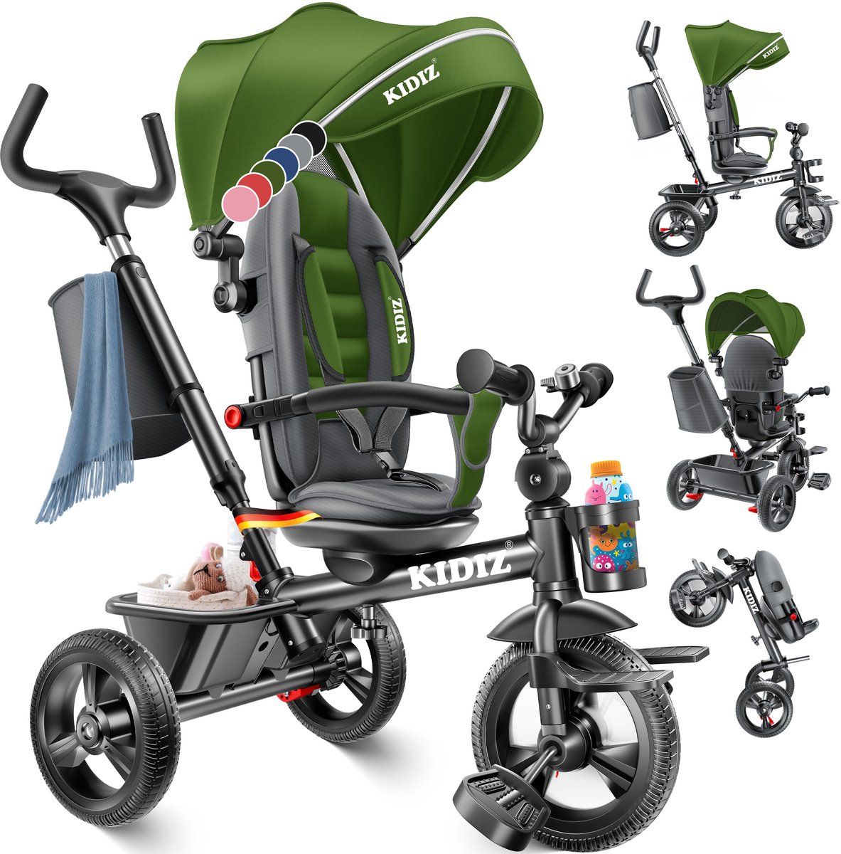 KIDIZ® Loopfiets Driewieler 5in1 Kinderfiets kinderdriewielerfiets 1 jaar vooruit en achteruit Jogger , mand tas drinkhouder zonnekap rubberen wielen, buggy fiets baby opvouwbaar driewielfiets - Khaki (4260751947719)