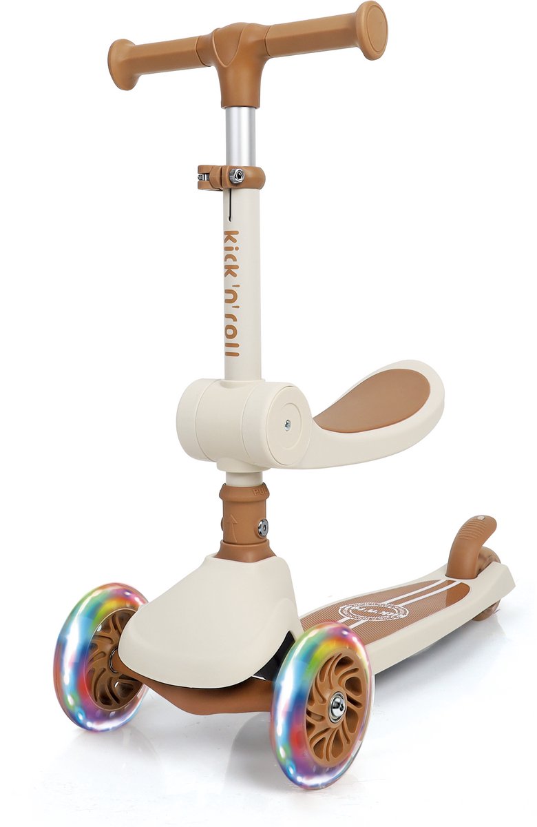 Kick'n'Roll K4 2-in-1 Kinderstep - 3 Wiel Step met LED Wielen - Verstelbaar Stuur - Opvouwbare Kinderstep vanaf 3 Jaar - Antislip Deck - Max 50 kg - Beige/Bruin (6973383152021)