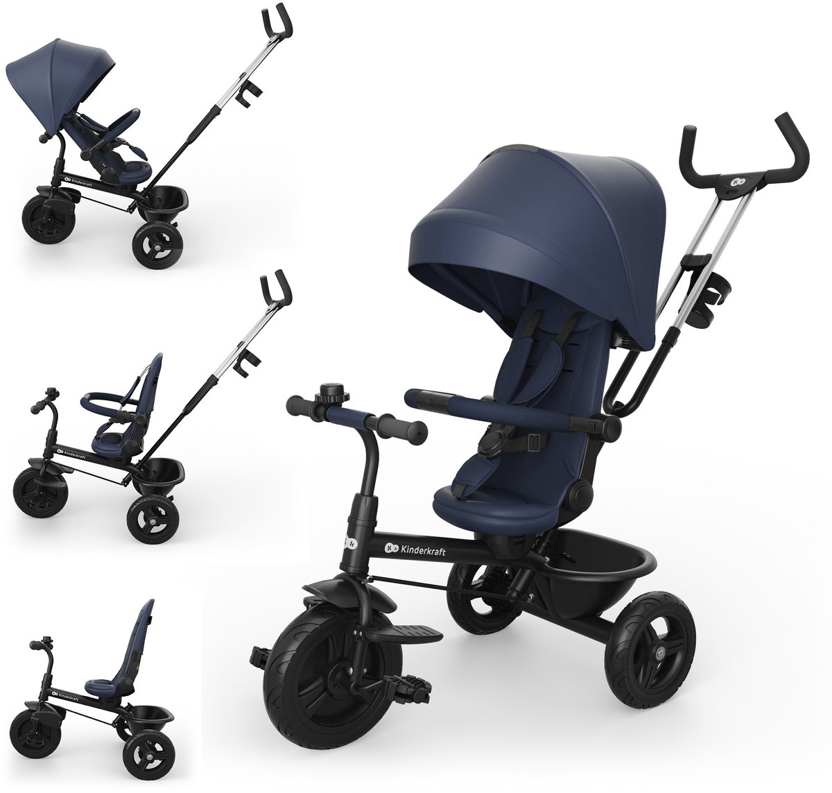 Kinderkraft ASTON 2 PLUS Driewieler - 9 maanden tot 5 jaar - Draaibare Zitting - Vrijloopfunctie - Inklapbare Kap - Navy (5902533929931)