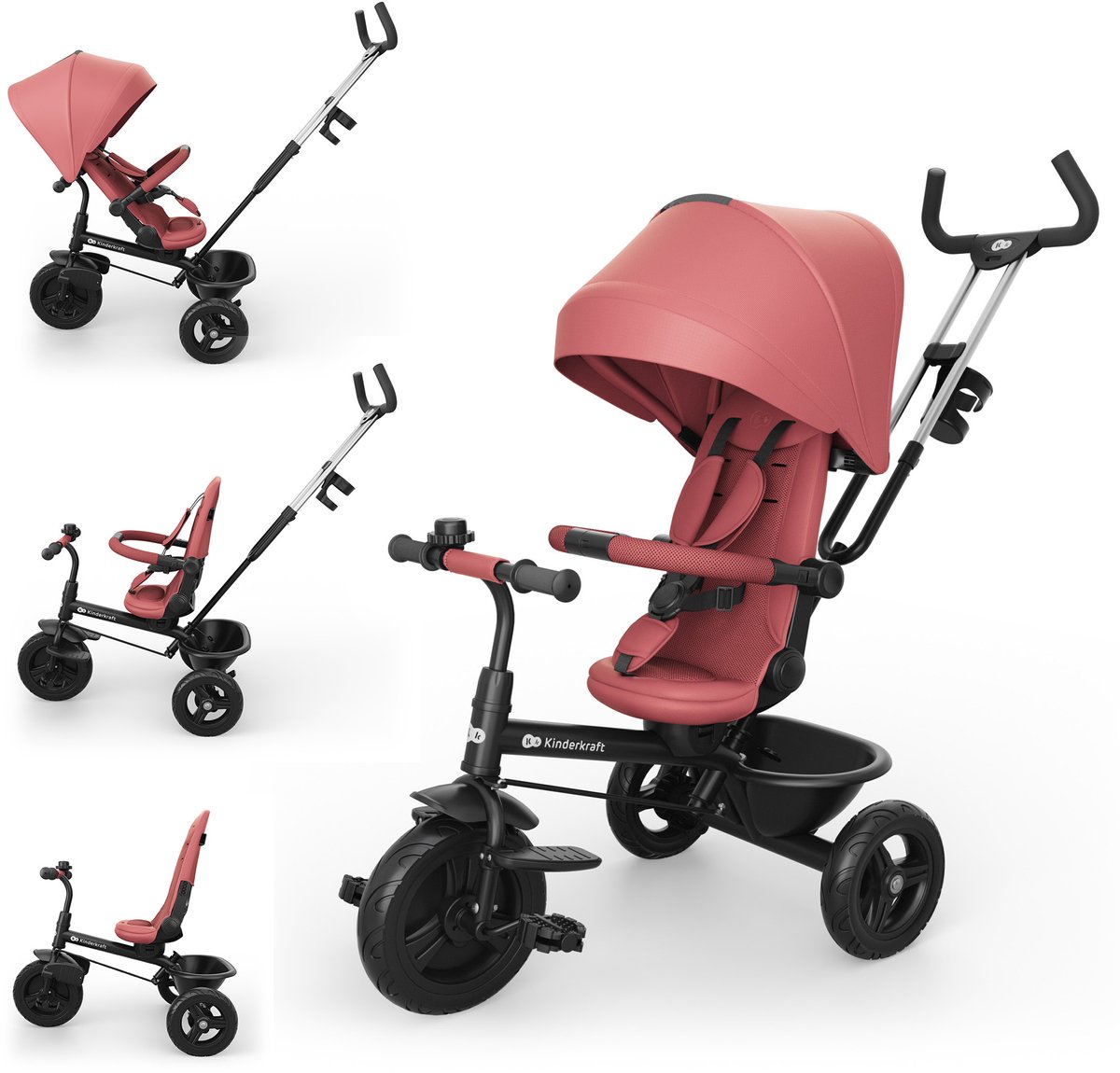 Kinderkraft ASTON 2 PLUS Driewieler - 9 maanden tot 5 jaar - Draaibare Zitting - Vrijloopfunctie - Inklapbare Kap - Roze (5902533929924)