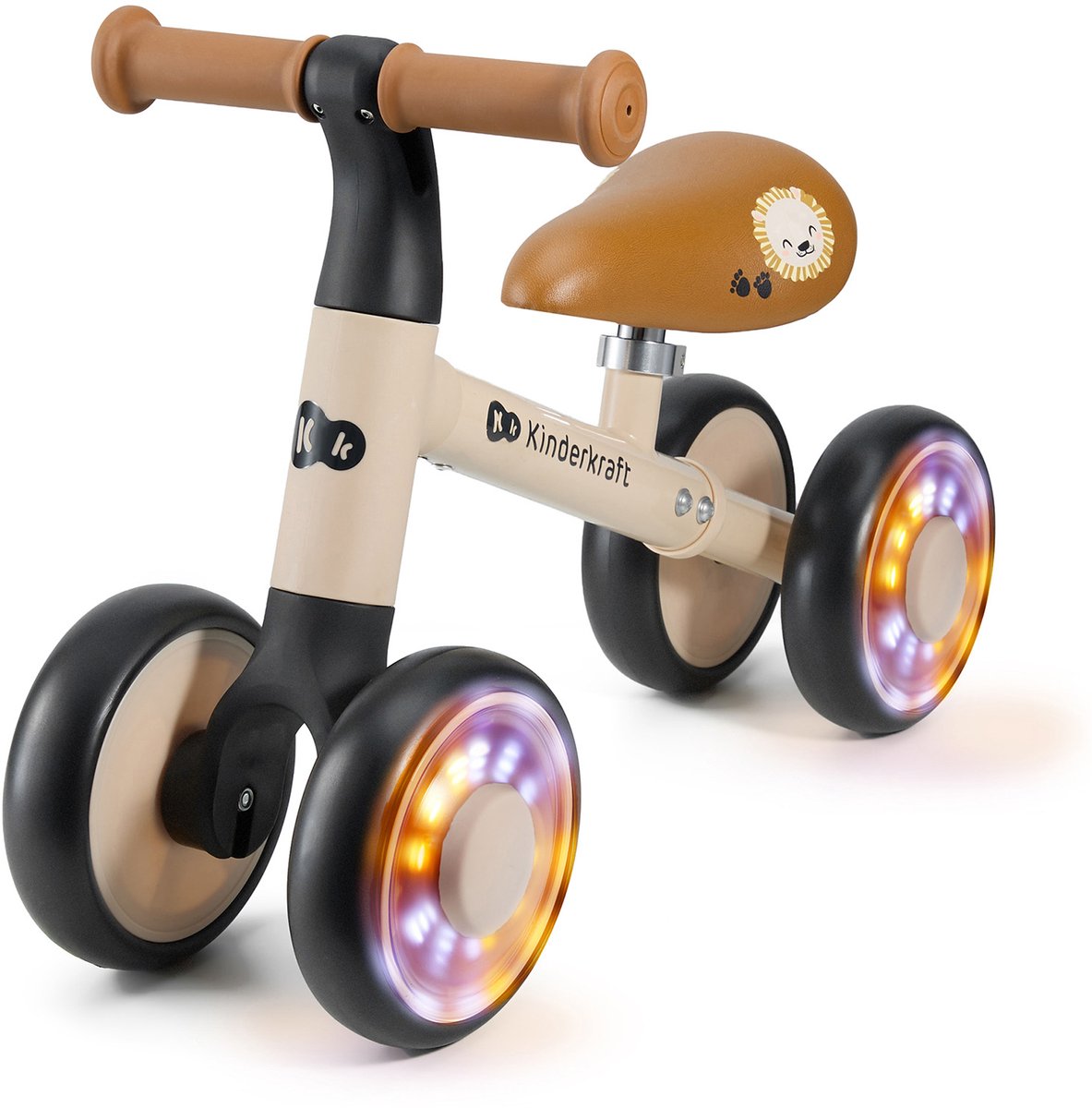 Kinderkraft CUTIE FLASH - mini loopfiets - met RGB-verlichte EVA wielen - verstelbaar zadel - vierwielig ontwerp - Beige (5902533930968)