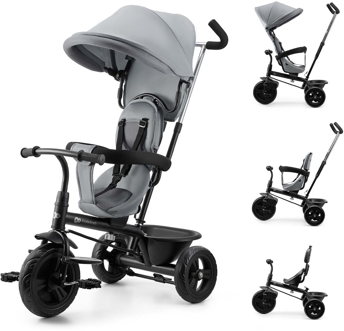Kinderkraft FREEWAY 2 - kinderdriewieler - AIR COMFORT SYSTEM - openklapbare bumper - 3-puntsgordel - Grijs (5902533931019)