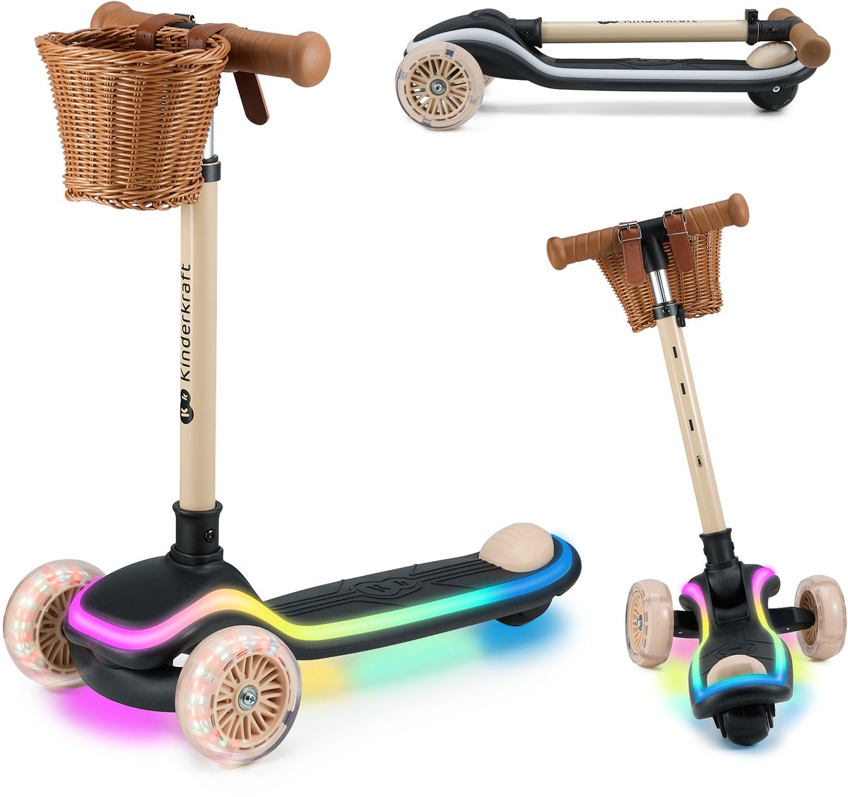 Kinderkraft RAKET - 3-wiel kinderstep - LED-platform met 20 lichtstanden - RGB PU wielen - verstelbaar stuur - Beige (5902533930982)