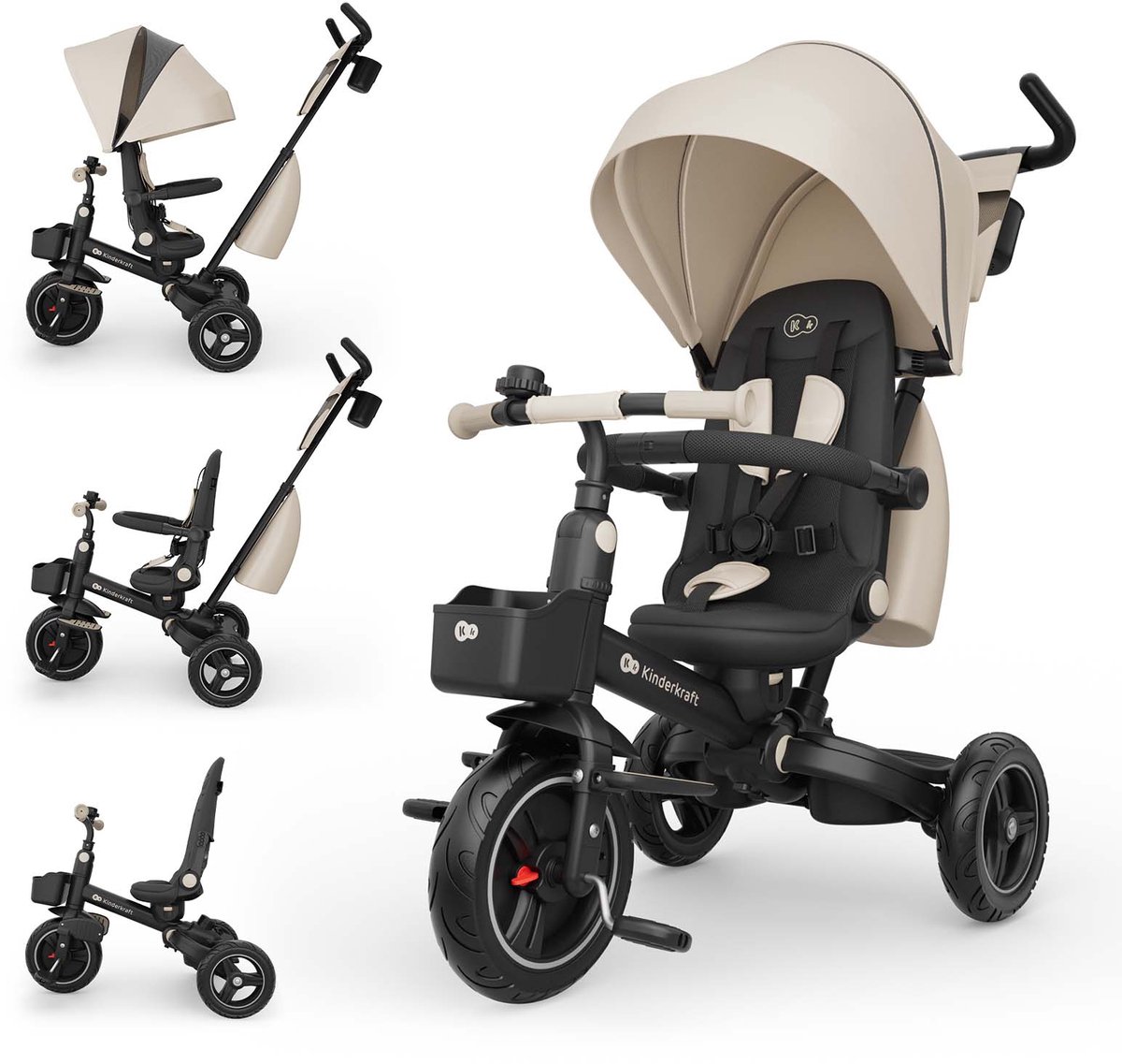 Kinderkraft SPINSTEP 2 PLUS Driewieler - 9 Maanden tot 5 Jaar - 360° Draaibare Zitting, Verstelbare Kap met UPF50+, PU Wielen en 3-Punts Gordels - Beige (5902533930050)