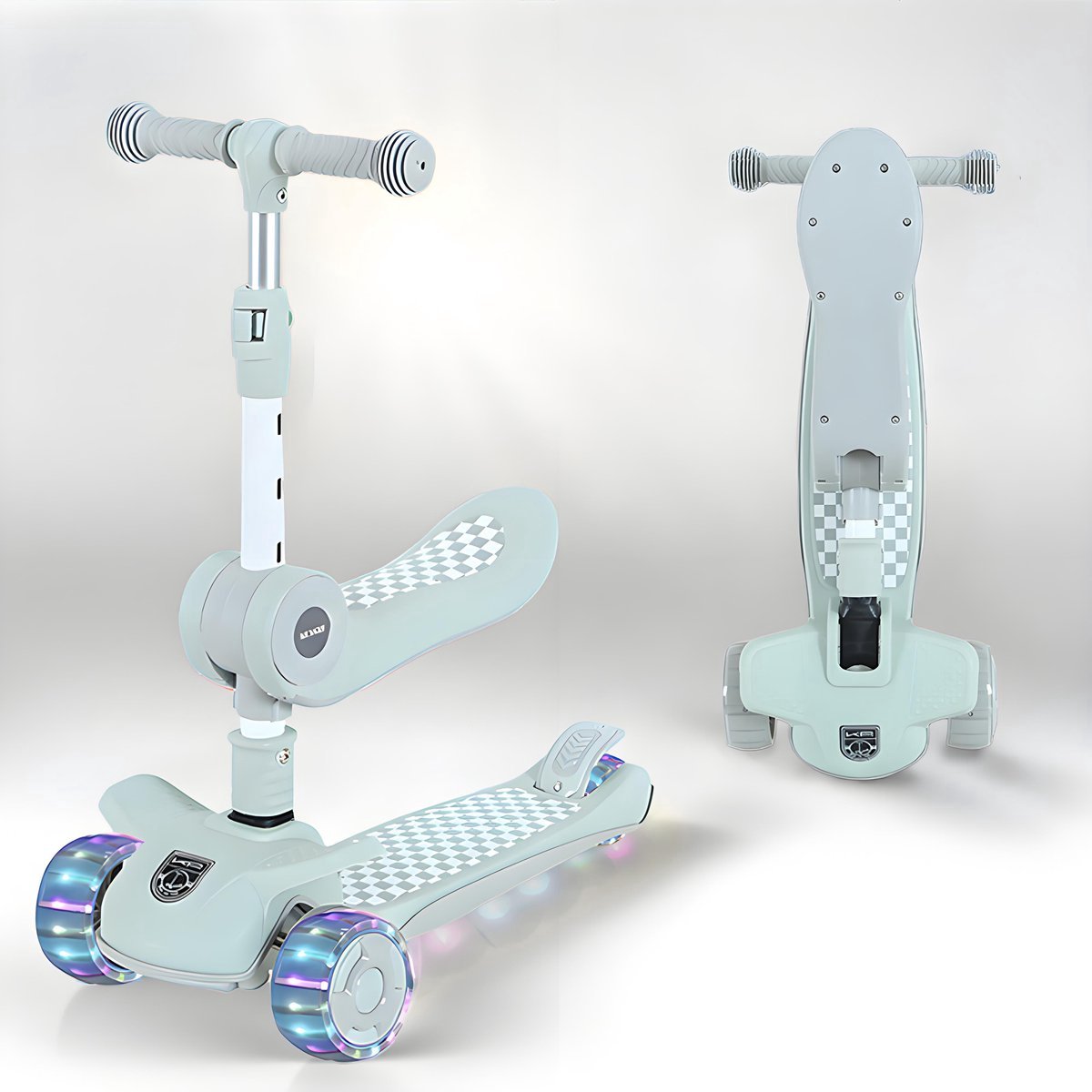 Kinderstep 3-in-1: Loopfiets + Driewieler + Step - Eénklaps Vouwbaar (Geen Montage!) - LED Lichtwielen - Verstelbaar 62-80cm - Veilig Laag Zwaartepunt - Geschikt 3-8 Jaar - Draagt 50kg - Licht Mintgroen (8721516377104)