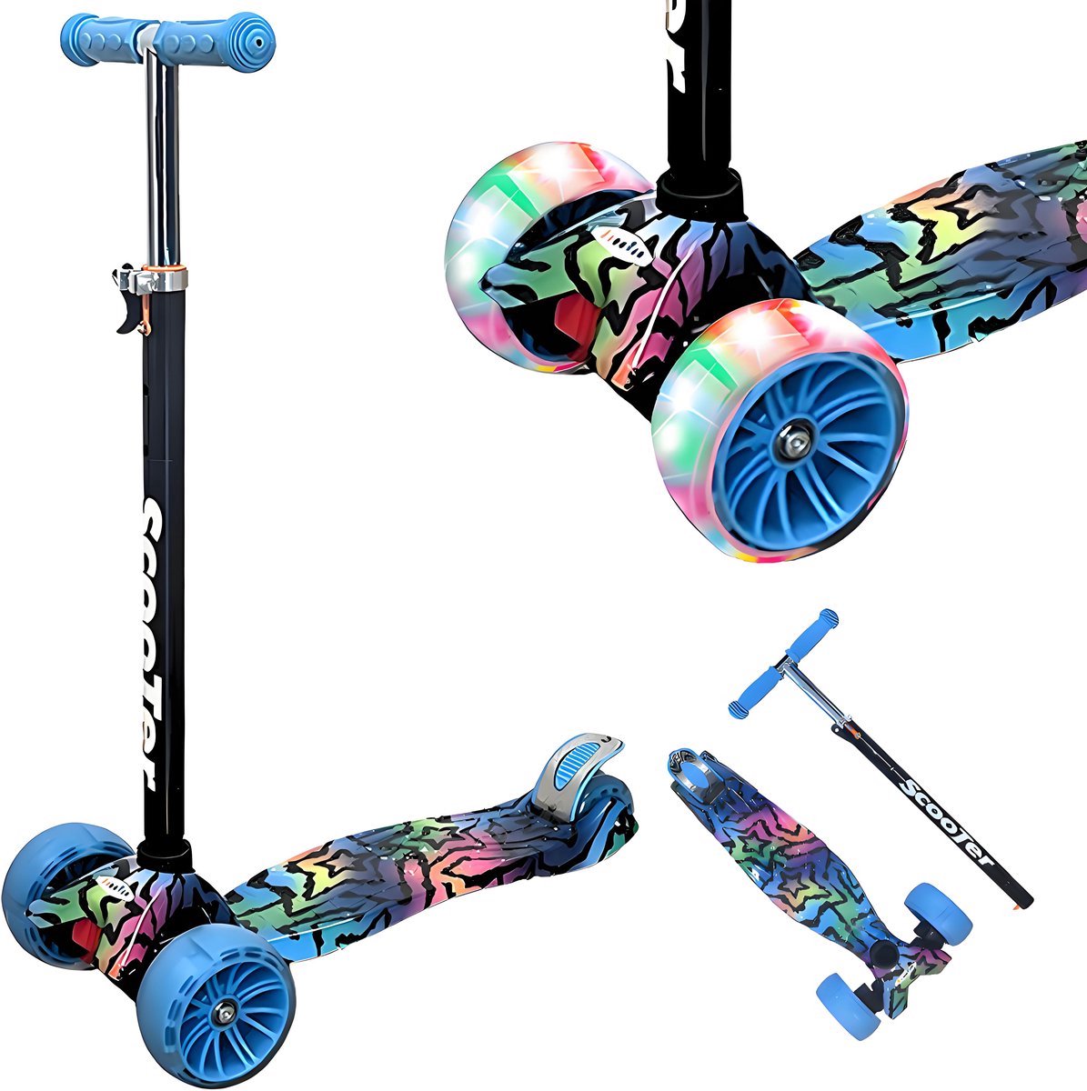 Kinderstep - LED-wielen met flitsende verlichting - max 50kg - leeftijd 3+ - hoogte verstelbaar 61-83 cm (3 standen) Blauw (6721516377014)