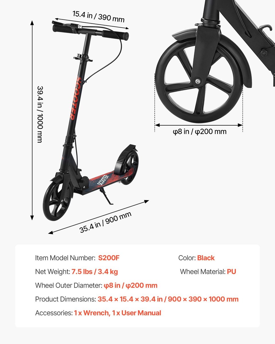 Kinderstep - Opvouwbare Stadsstep - 2 Wielen - Voor Kinderen Vanaf 8 Jaar - In Hoogte Verstelbaar Stuur - Handrem - Draagvermogen 100 kg - Zwart (6152745357339)