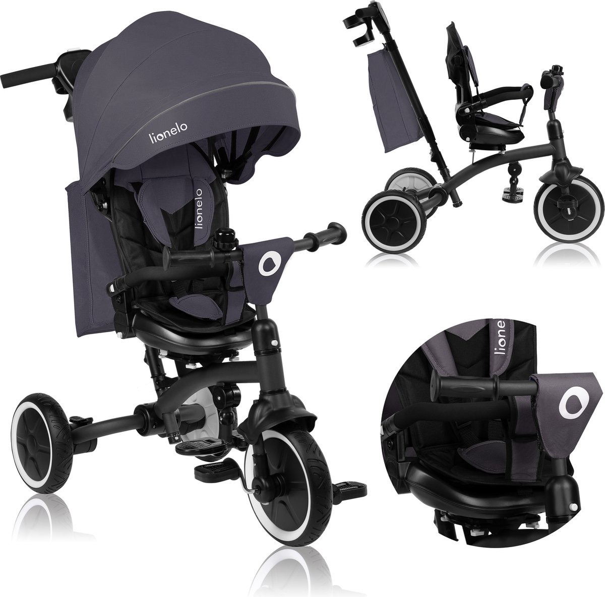 Lionelo Tris Plus - Driewieler - Kinderfiets 2-in-1 - tot 5 Jaar - 25kg - 360° draaibare zitting - verstelbare rugleuning - PU wielen - duwstang - vrijloop - reflecterend kapje - klikmontage - incl. accessoires (5903771707442)