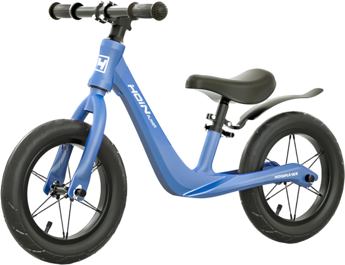 Loopfiets 12 inch met rubberen luchtbanden - Kinderfiets - Lichtgewicht magnesiumframe (0,65 kg) - Inclusief fietspomp - Verstelbaar zadel (31-45 cm) - Totaalgewicht 3,1 kg - Antislip handvatten - Stalen spaken - Voor kinderen vanaf 2 jaar - Blauw (8721516377739)