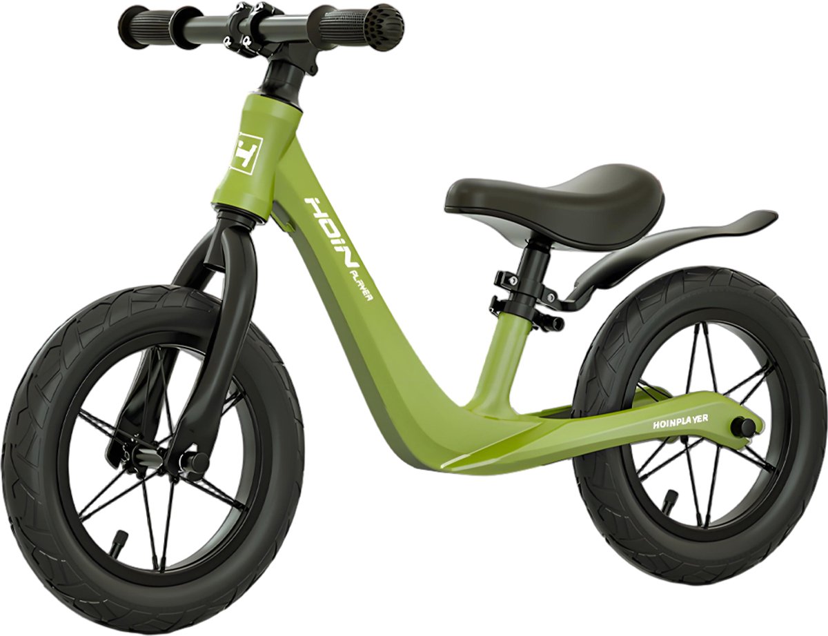 Loopfiets 12 inch met rubberen luchtbanden - Kinderfiets - Lichtgewicht magnesiumframe (0,65 kg) - Inclusief fietspomp - Verstelbaar zadel (31-45 cm) - Totaalgewicht 3,1 kg - Antislip handvatten - Stalen spaken - Voor kinderen vanaf 2 jaar - Groen (8721516377722)
