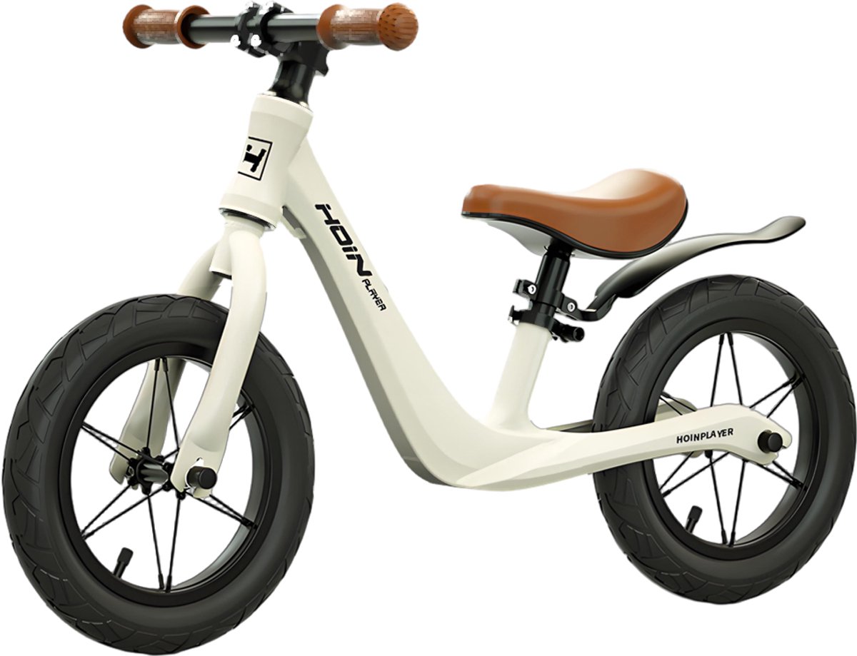 Loopfiets 12 inch met rubberen luchtbanden - Kinderfiets - Lichtgewicht magnesiumframe (0,65 kg) - Inclusief fietspomp - Verstelbaar zadel (31-45 cm) - Totaalgewicht 3,1 kg - Antislip handvatten - Stalen spaken - Voor kinderen vanaf 2 jaar - Wit (8721516377715)