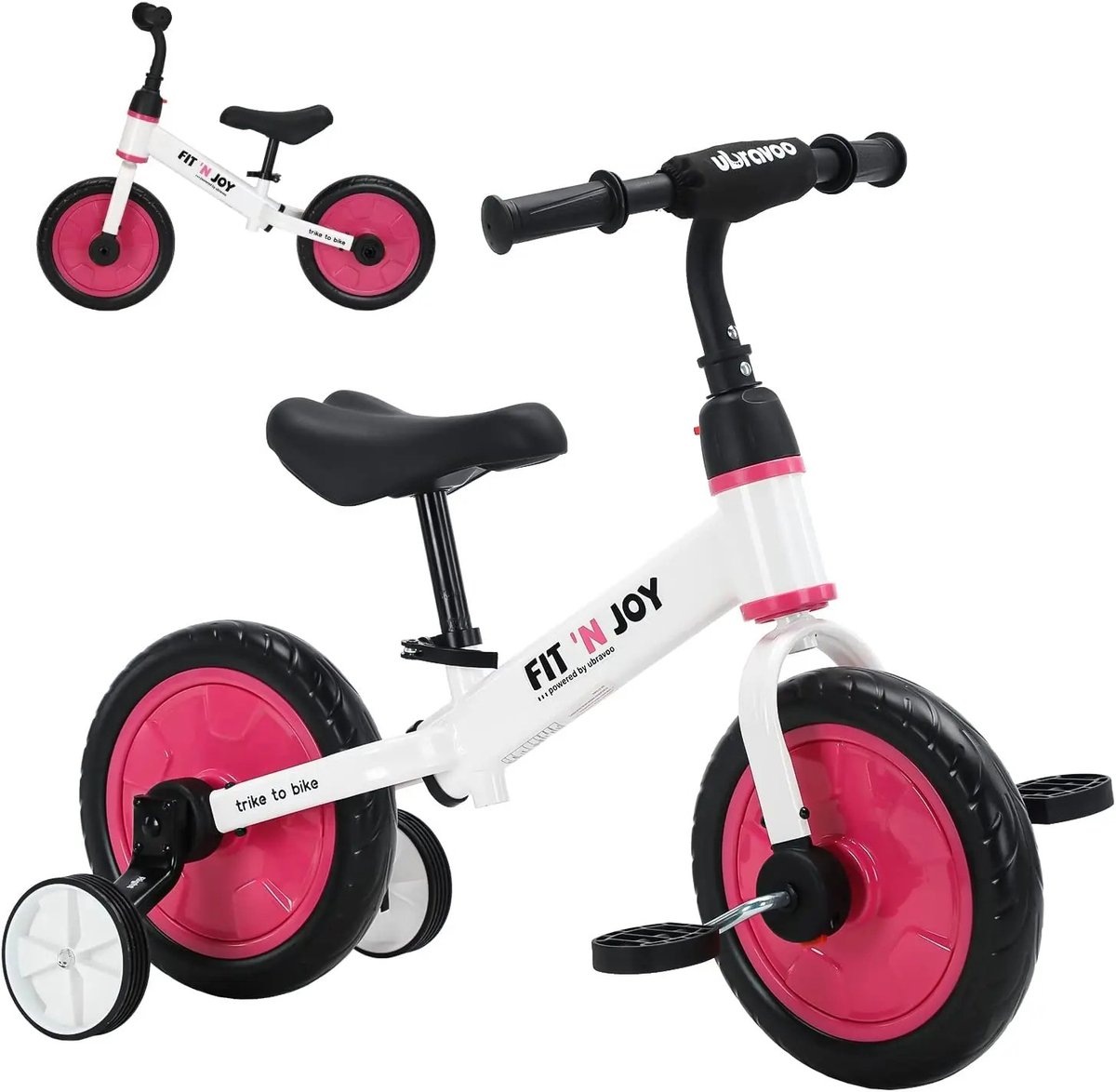 Loopfiets Kinderen - Unisex - Roze - Koolstofstaal & Kunststof - 69x28x19 cm - Met Pedalen & Zijwieltjes - 4-in-1 - Verstelbaar Zadel - EVA Lekvrije Banden - 1 Stuks - Vanaf 2-6 Jaar (8721425041189)