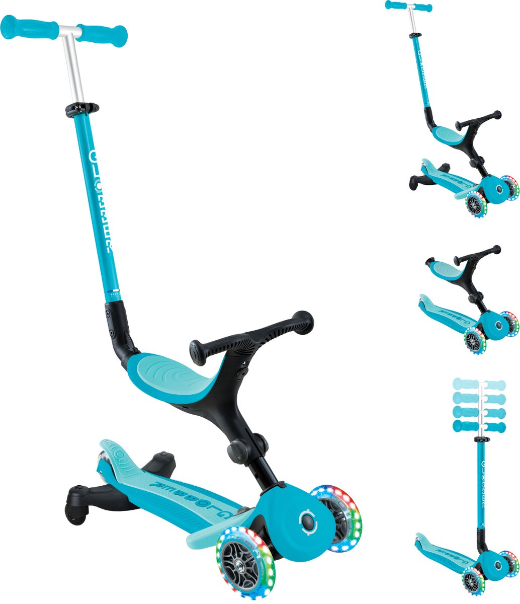 Meegroeistep - Globber Go Up Active Lights Aqua 360 - blauw - lichtgevende wielen - met duwstang - in hoogte verstelbaar - vanaf 15 maanden tot 9 jaar (4895224411352)