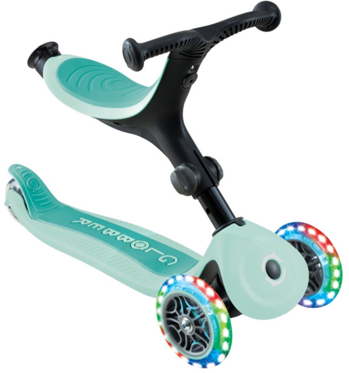 Meegroeistep - Globber Go Up Active Lights Mint 360 - mint - lichtgevende wielen - met duwstang - in hoogte verstelbaar - vanaf 15 maanden tot 9 jaar (4895224411383)