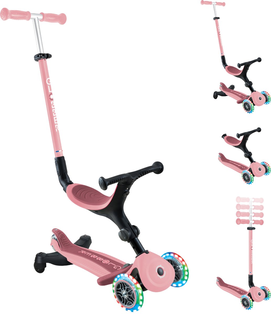 Meegroeistep - Globber Go Up Active Lights Pastel Pink 360 - roze - lichtgevende wielen - met duwstang - in hoogte verstelbaar - vanaf 15 maanden tot 9 jaar (4895224411376)