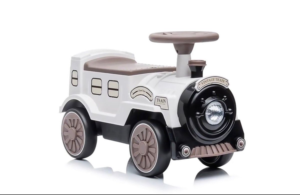 Retro Loopauto - looptrein - Wit/Bruin - Vintage Look - Met Opbergvak - Voor Kinderen 2-5 Jaar (8716718196721)