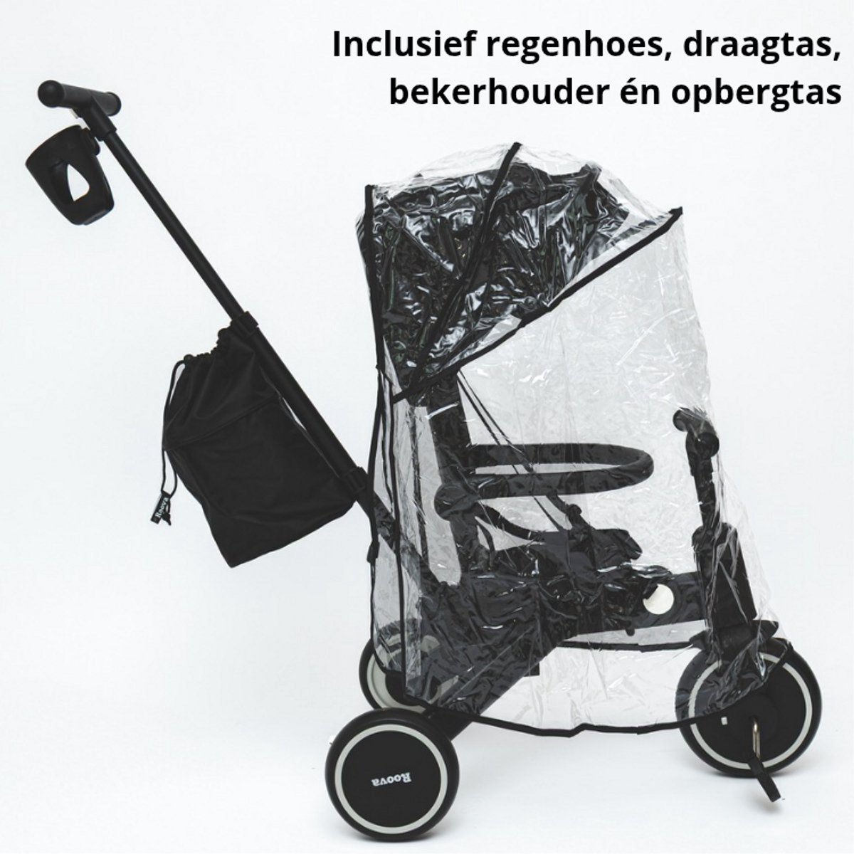 Roova Trike Black | 5 in 1 Driewieler fiets incl accessoires | Volledig inklapbaar incl opbergtas | 10 maanden tot 4 jaar | 360 graden draaibare zitting | Inclusief regenhoes draagtas bekerhouder duwstang voetensteun en verstelbare rugleuning (8721516371027)