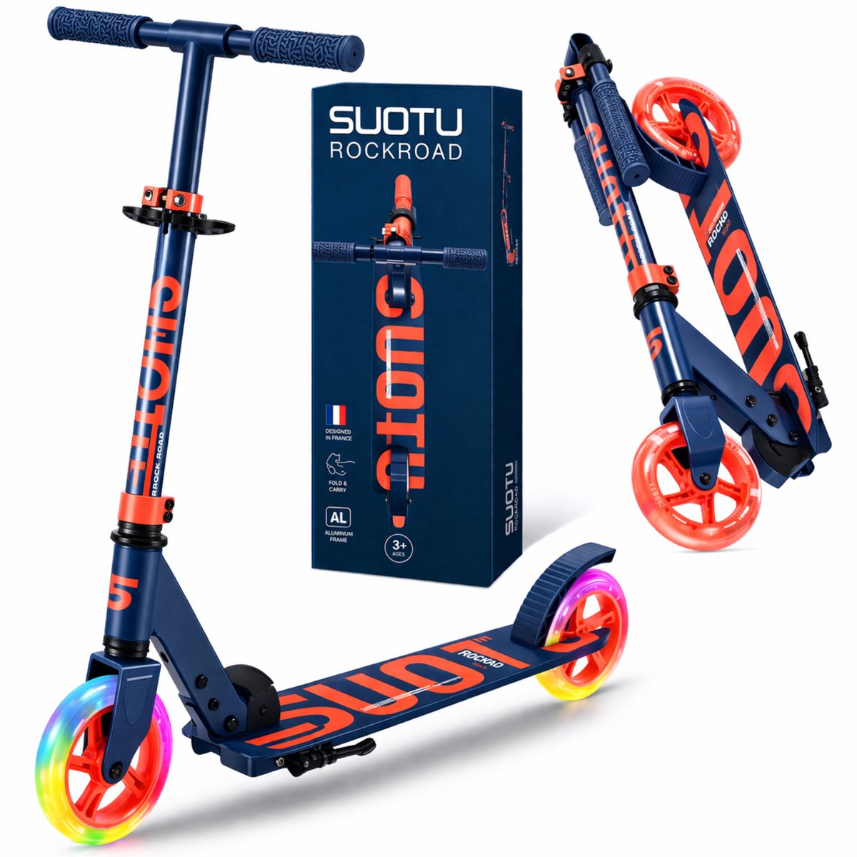 Suotu Kinderstep - 145mm Lichtgevende Wielen - Step - Speelgoed Jongens/Meisjes - Max stuurhoogte: 85 cm - Aluminium - Blauw/Oranje (8721049721641)