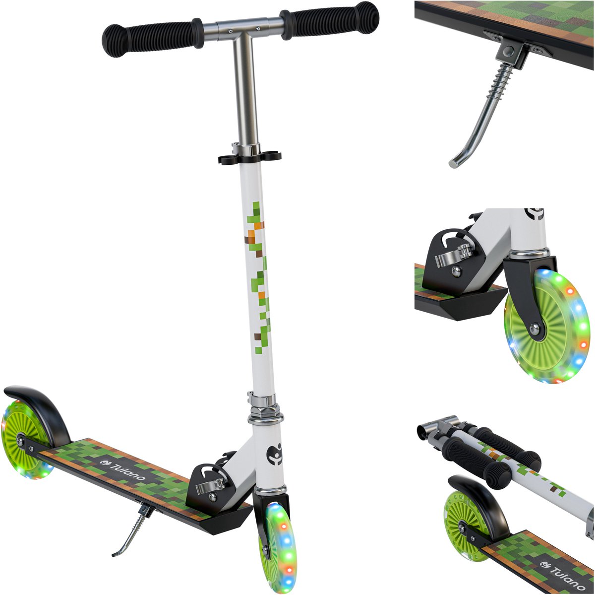 Tulano Zigzag 35 - Kinderstep - Kinderscooter - opvouwbaar - met verlichte LED-wielen - met standaard - groen (5903796019353)