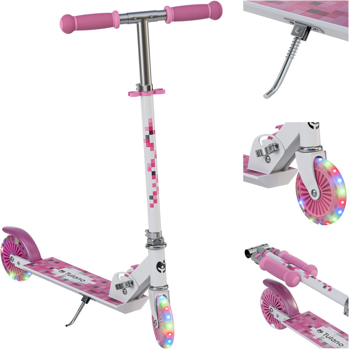 Tulano Zigzag - Kinderstep - Kinderscooter - opvouwbaar - met verlichte LED-wielen - met standaard - rose (5903796019346)