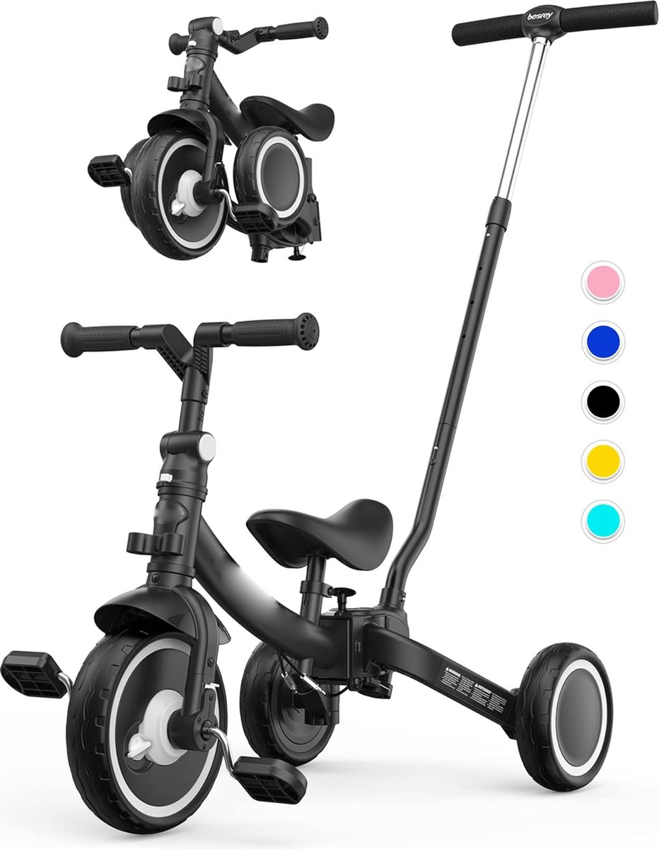 7-in-1 Peuter Trike met Duwstang - Geschikt voor 1-5 Jaar - Vouwbare Wielen - Peuterfiets met Koppeling - Grote Wielen - Verwijderbare Pedalen - Verstelbare Zitting - Zwart (8721236042337)