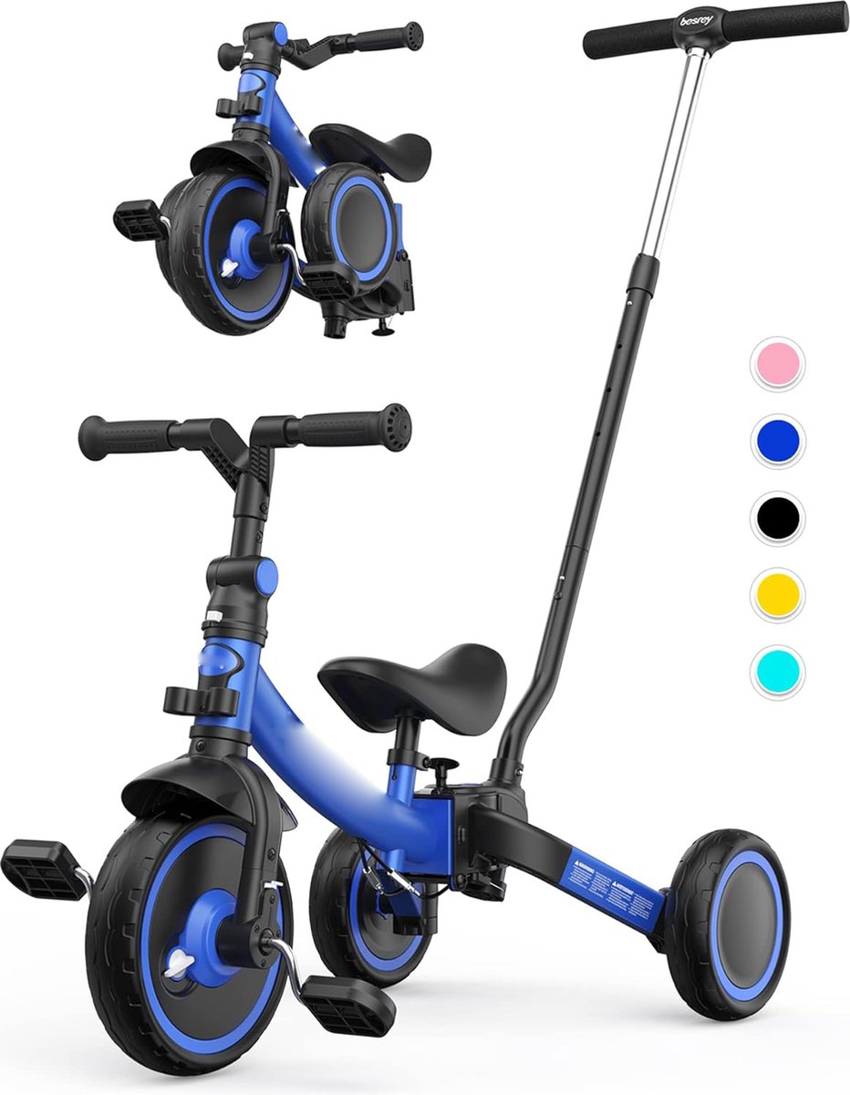7-in-1 Peuterdriewieler met Stuurhendel Grip - Geschikt voor 1-5 Jaar - Vouwbare Wielen - Peuterfiets met Wielkoppeling - Grotere Wielen - Verwijderbare Pedalen - Verstelbare Zadelhoogte - Blauw (8721236042290)
