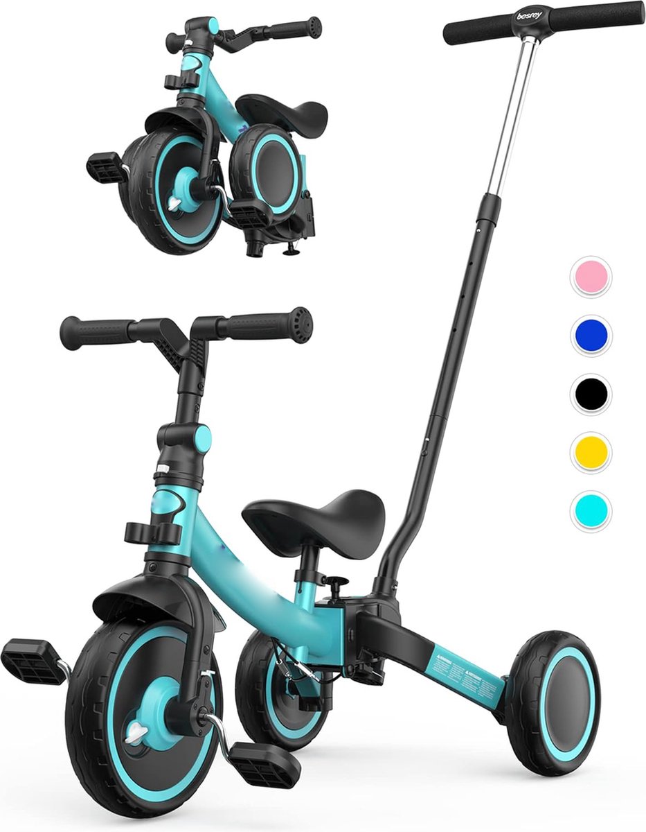7-in-1 Peuterdriewieler met Stuurhendel voor 1-5 Jaar - Vouwbare Wielen - Kinderfiets met Wielkoppeling - Grotere Wielen - Verwijderbare Pedalen - Verstelbare Zitting - Groene Peutertricycle (8721236042306)