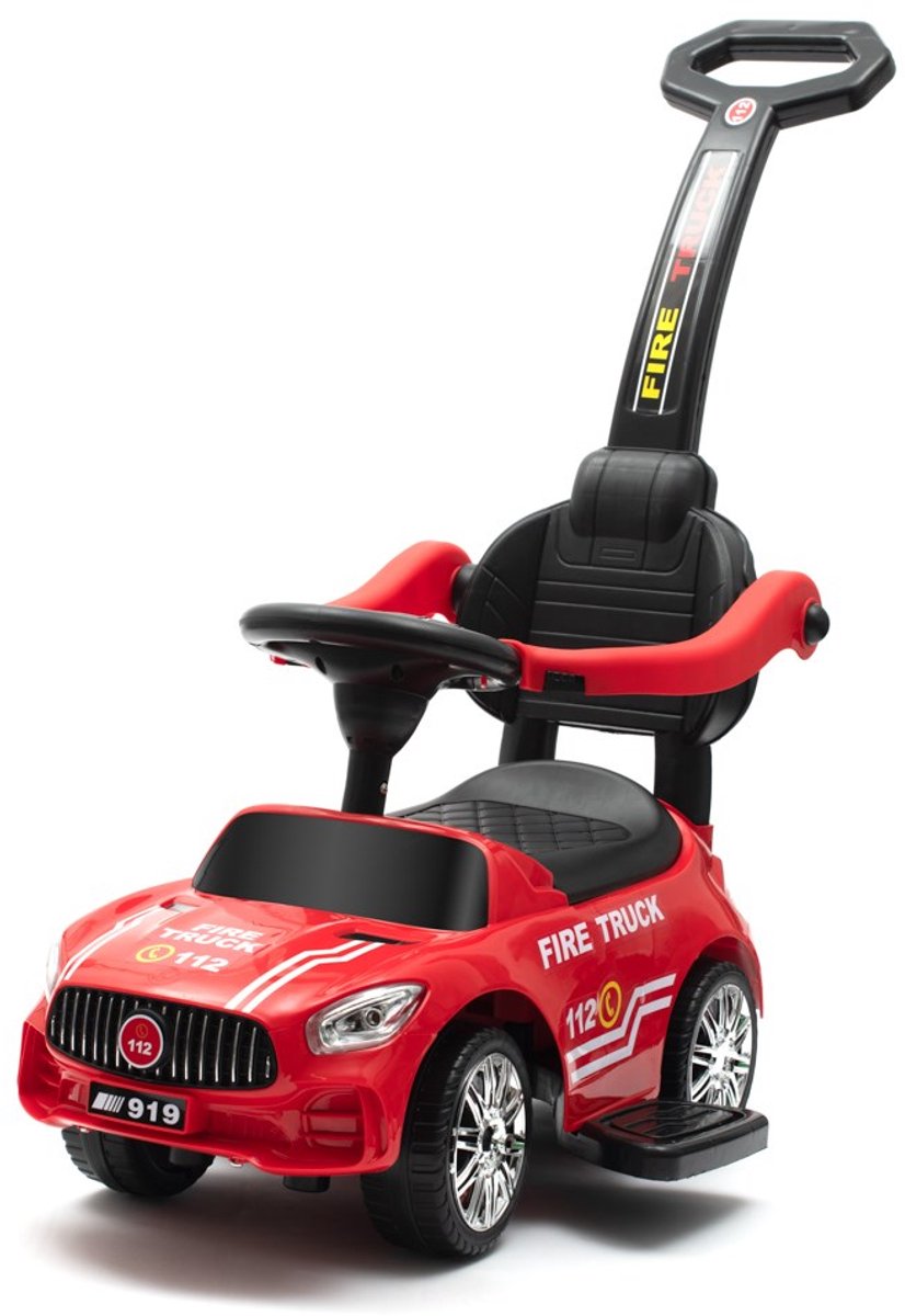 Baby Mix - Loopauto - Rode brandweerwagen met geluid, zwenkwielen, opbergvak, kunststof - kinderauto - speeltje - motoriek - speelgoed - voertuig (5902216920569)