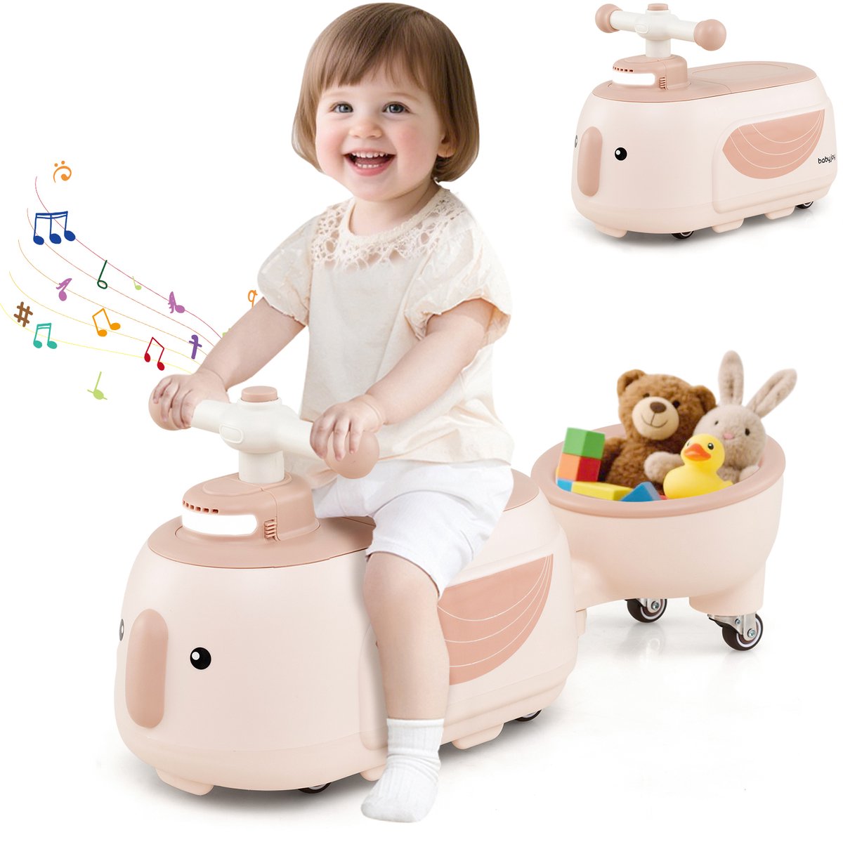 COSTWAY Glijauto met aanhanger, glijvoertuig met licht, muziek en opbergruimte onder de stoel, glijvoertuig voor binnen en buiten, voor kinderen vanaf 1 jaar (koffie) (0672669048022)
