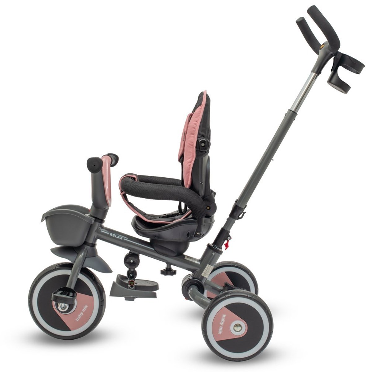 Driewieler-driewieler met duwstang-Multifunctionele Driewieler 5-in-1-Opvouwbare- 360° Draaibare Zitplaats-Kap-Roze. (8721449905030)