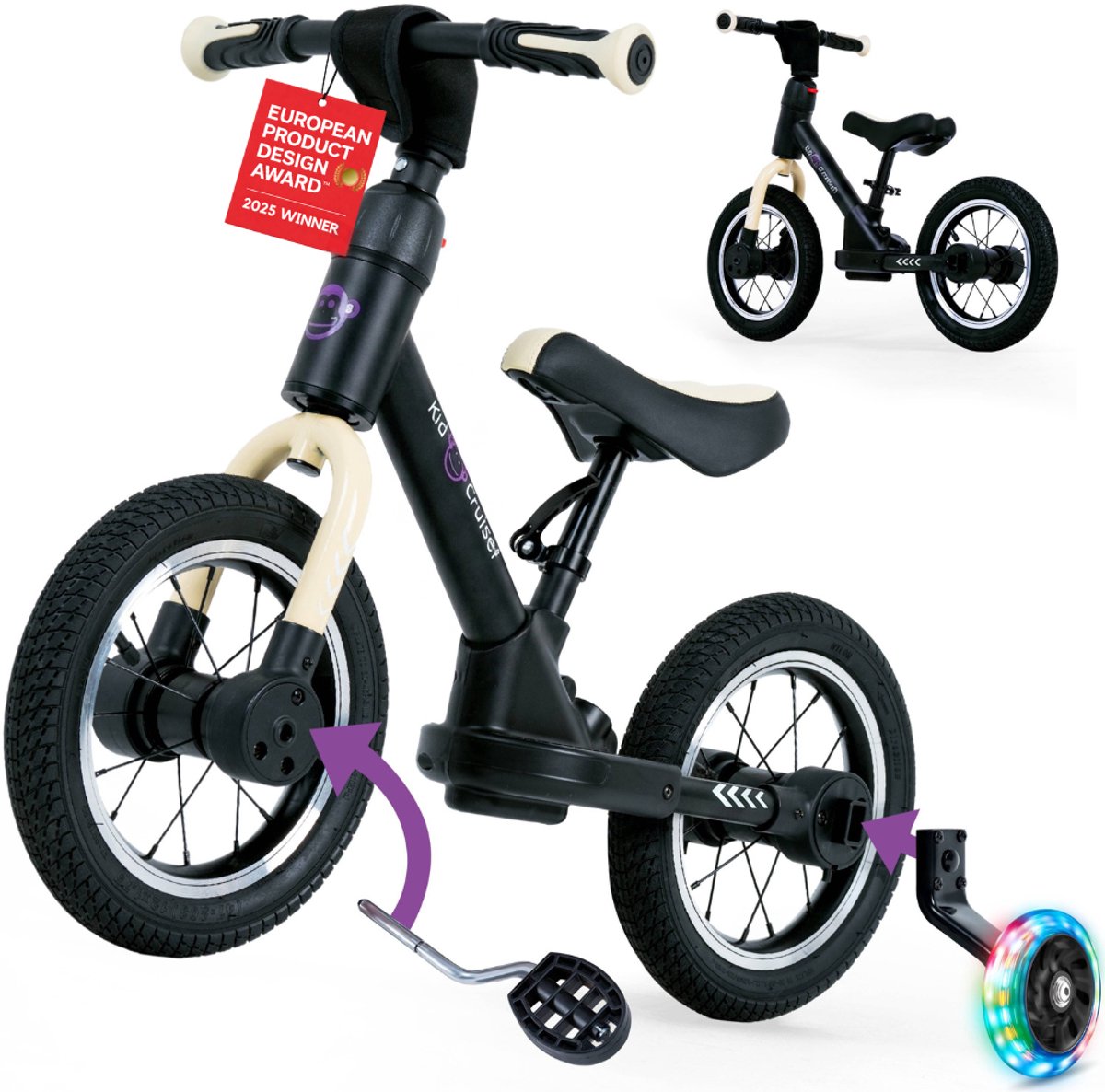 Kidcruiser Loopfiets 2+ jaar - Met LED Zijwieltjes & Trappers - 3-in-1 Kinderfiets - 12 inch - Mat Zwart - Modulair Design - Driewieler loopfiets (8720892350909)