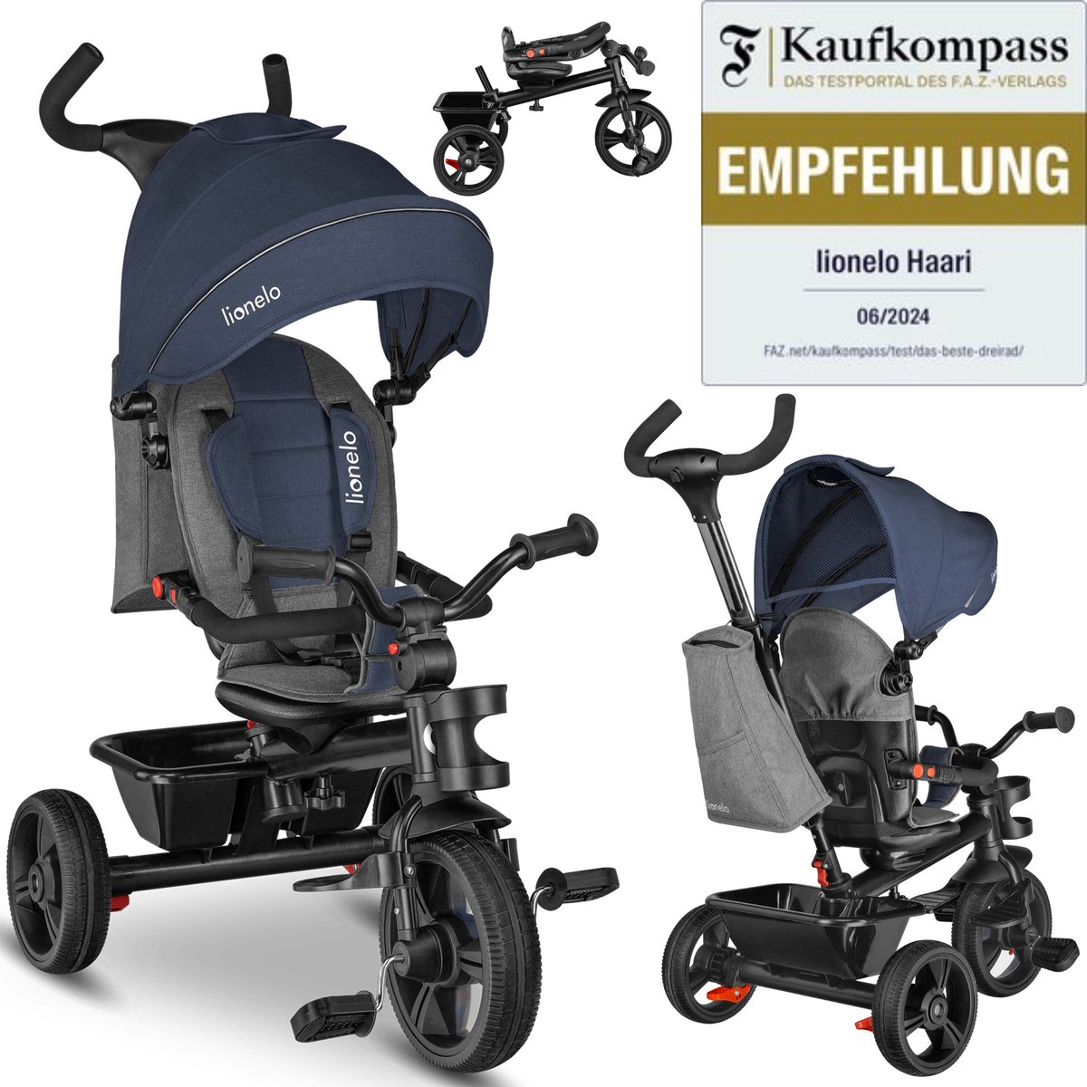 Lionelo Haari - Driewieler - Drankhouder - 2in1 - Draaibare Zitting - Rubberen Onderhoudsvrije Wielen - Vrij Wiel - Schuifstang voor Ouders - Luifel - Mand en Tas - Bekerhouder - Groeit Mee - Vanaf 18 Maanden tot 25 kg (5902581658845)