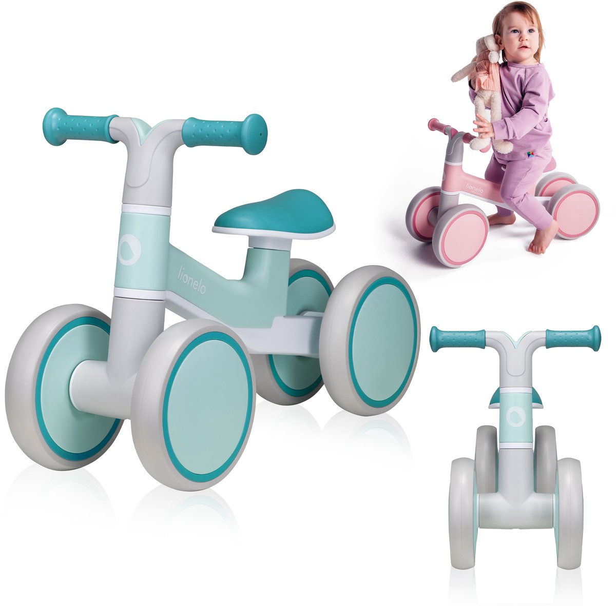 Lionelo Villy Loopfiets - Lichtgewicht - 1-3 jaar - Jongens en Meisjes - tot 30kg - 4 wielen - Schokdemper voorvork - Antislip handvatten - Ergonomisch zadel - Stuurslot - Verjaardagscadeau (5903771704809)