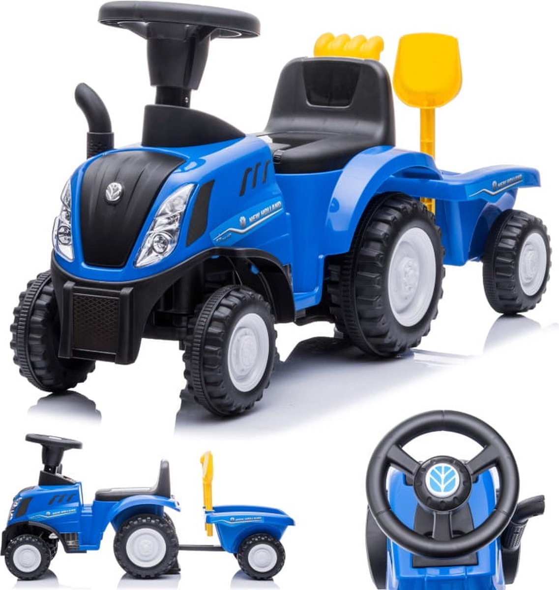 Loopauto Kinderschuifauto New Holland, tractor met aanhanger, kindervoertuig loopauto met claxon, kunststof (Blauw) (5907478641443)