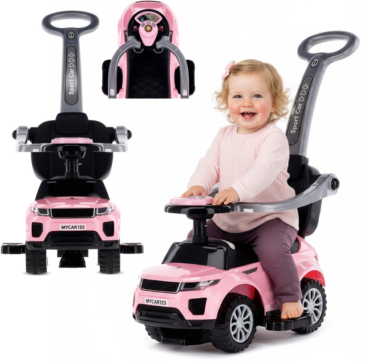 Loopauto kinderauto schuifauto vanaf 1 jaar en duwauto met claxon en muziek, opbergruimte onder de zitting (Lichtroze) (5905525350720)