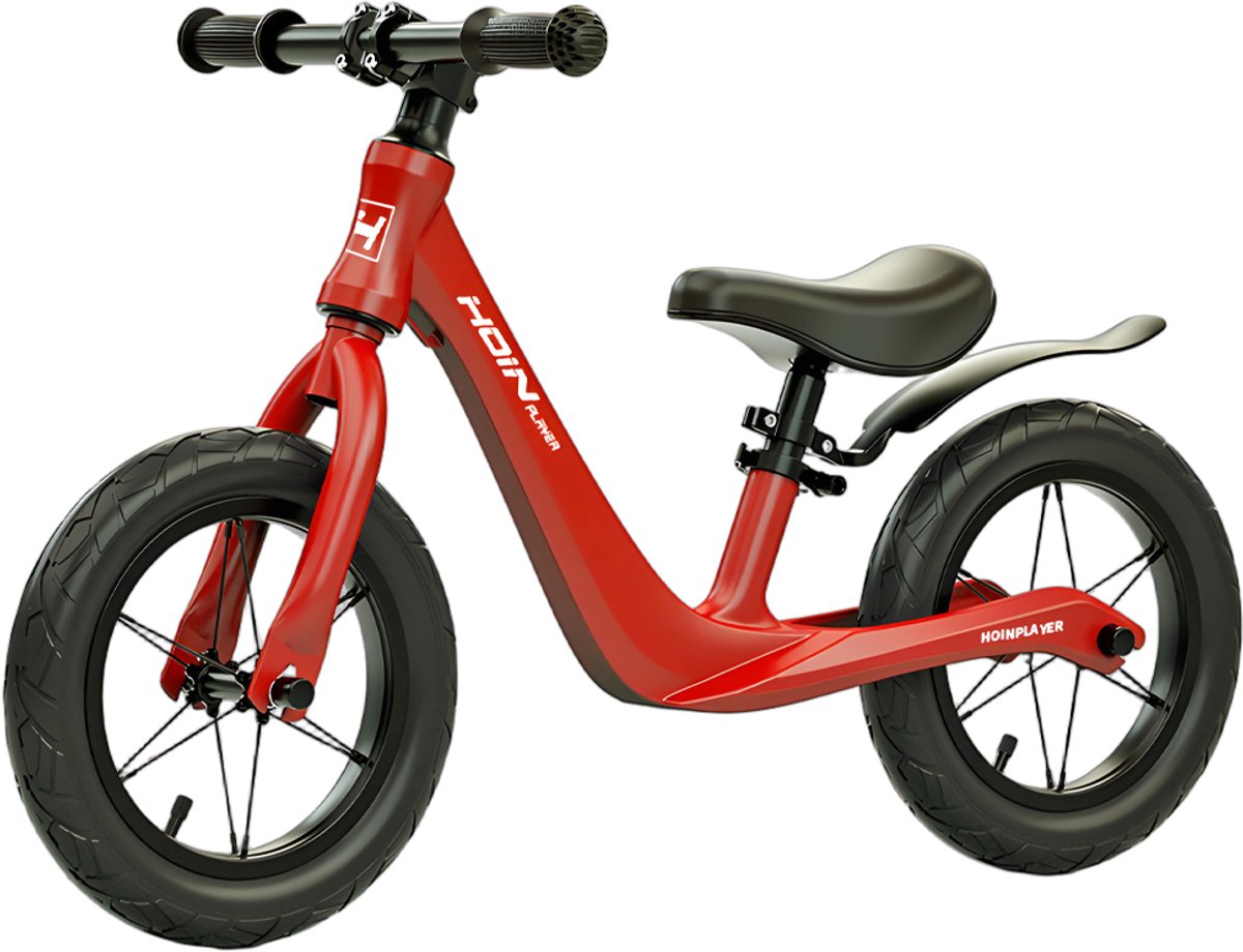 Loopfiets 12 inch met rubberen luchtbanden - Kinderfiets - Lichtgewicht magnesiumframe (0,65 kg) - Inclusief fietspomp - Verstelbaar zadel (31-45 cm) - Totaalgewicht 3,1 kg - Antislip handvatten - Stalen spaken - Voor kinderen vanaf 2 jaar - Rood (8721516377746)
