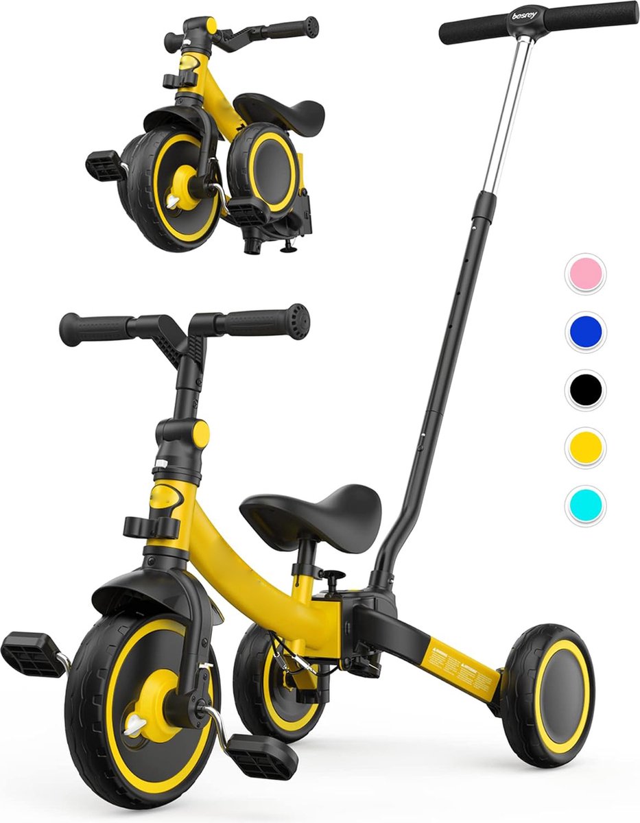Peuter Driewieler 7-in-1 met Handvat voor 1-5 Jaar - Vouwbare Wielen - Peuterfiets met Wiel Koppeling - Grotere Wielen - Verwijderbare Pedalen - Verstelbaar Zadel - Geel (8721236042283)