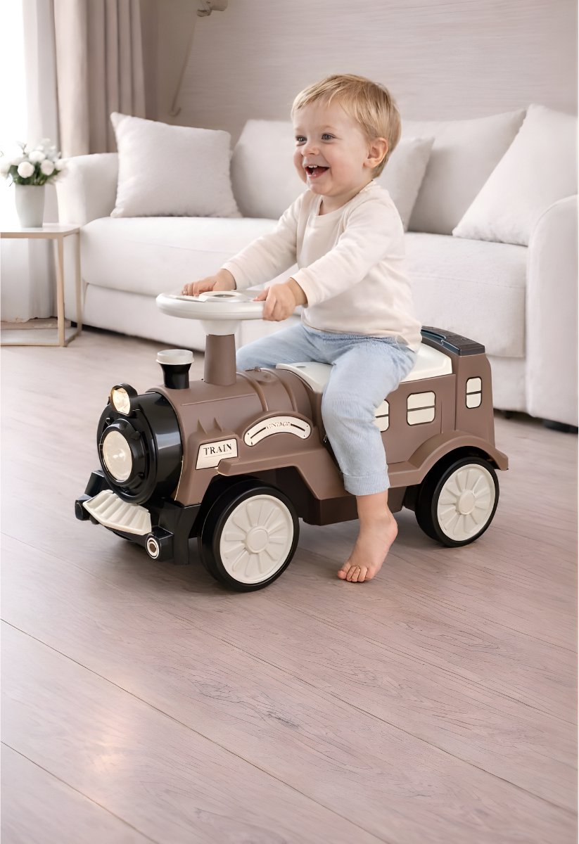 Retro Loopauto - looptrein - Bruin/Wit - Vintage Look - Met Opbergvak - Voor Kinderen 2-5 Jaar (8716718203054)