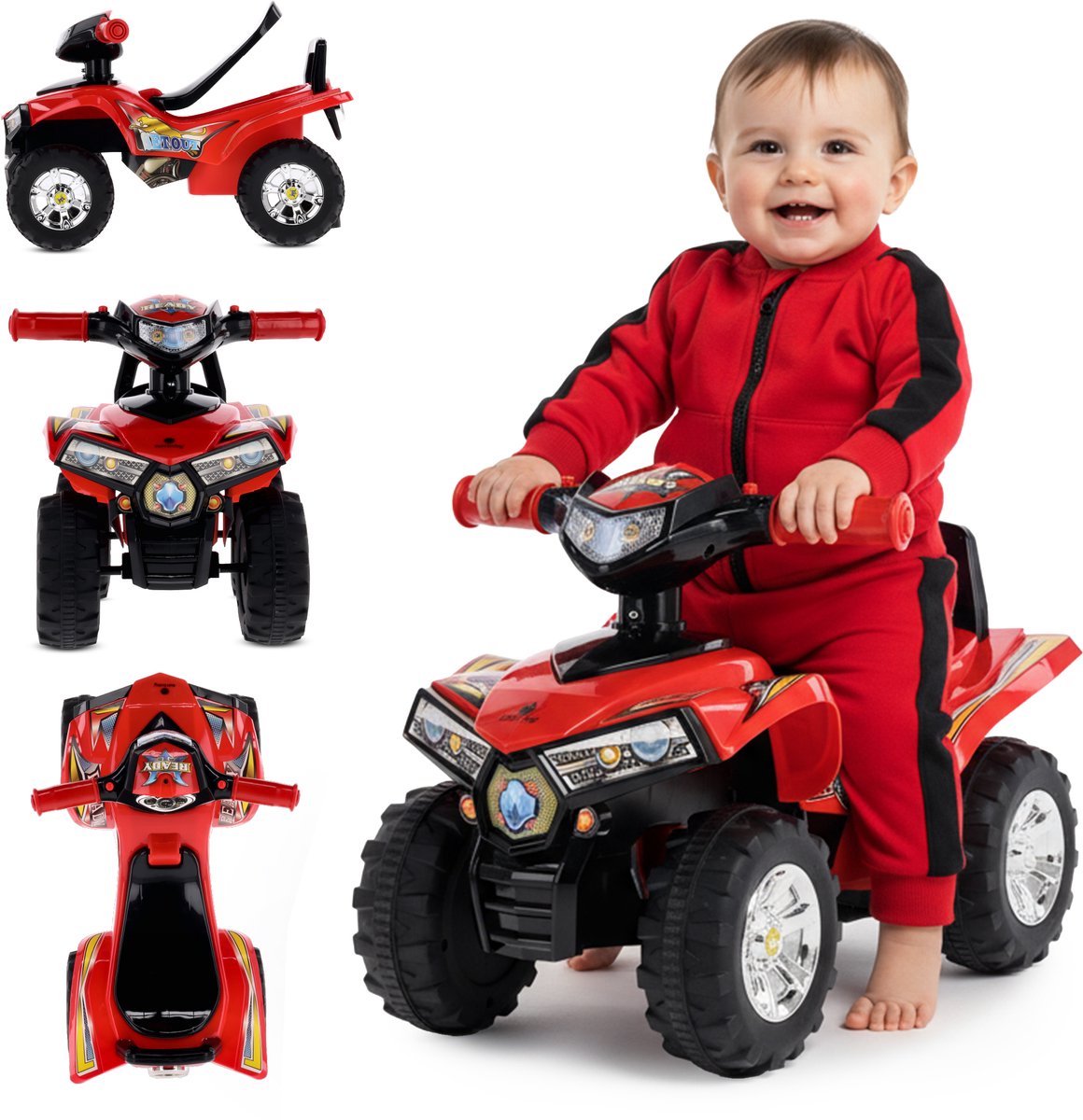 sun baby Kinderauto loopauto vanaf 1 jaar, baby quad, voertuig auto, Zwenkbare voorwielen, Claxon en motorgeluid in de stuurhendels, Opbergvak onder de zitting (Rood) (5905525350645)