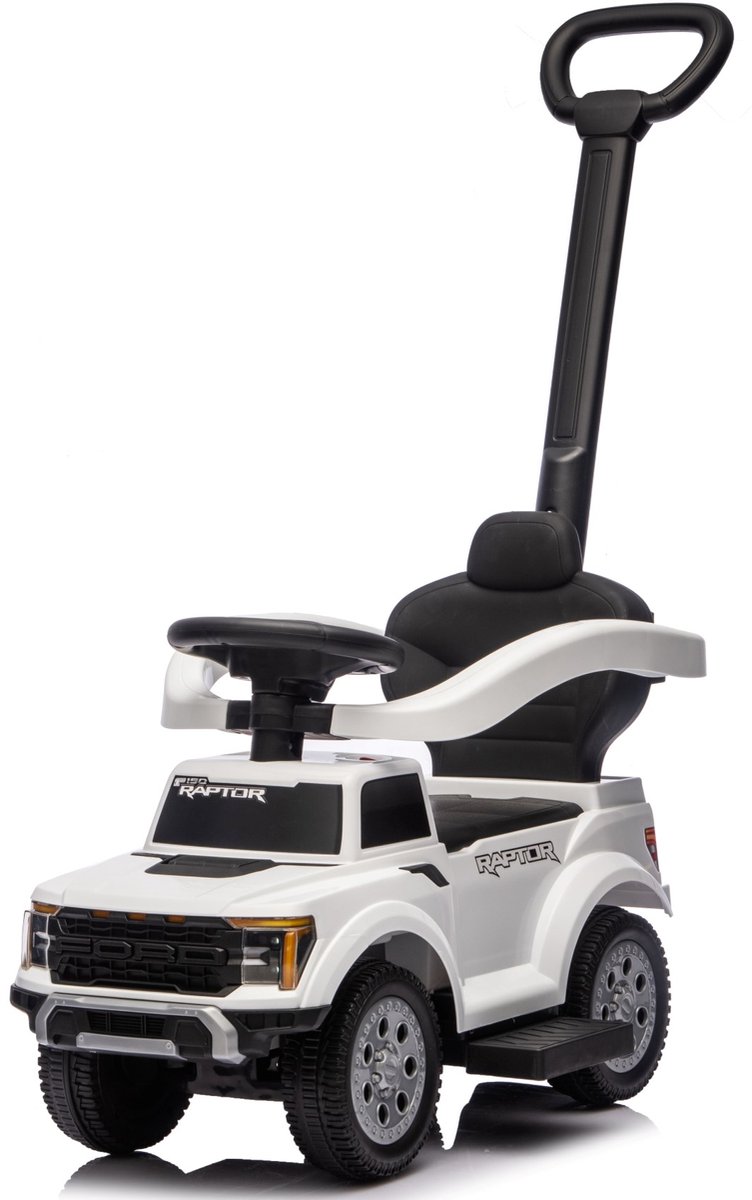 sun baby Loopauto met duwstang voor kinderen vanaf 12 maanden - Ford Raptor - grote terreinwielen, LED-verlichting, zitje met rugleuning en opbergruimte, tot 25 kg, wit (5905525357590)