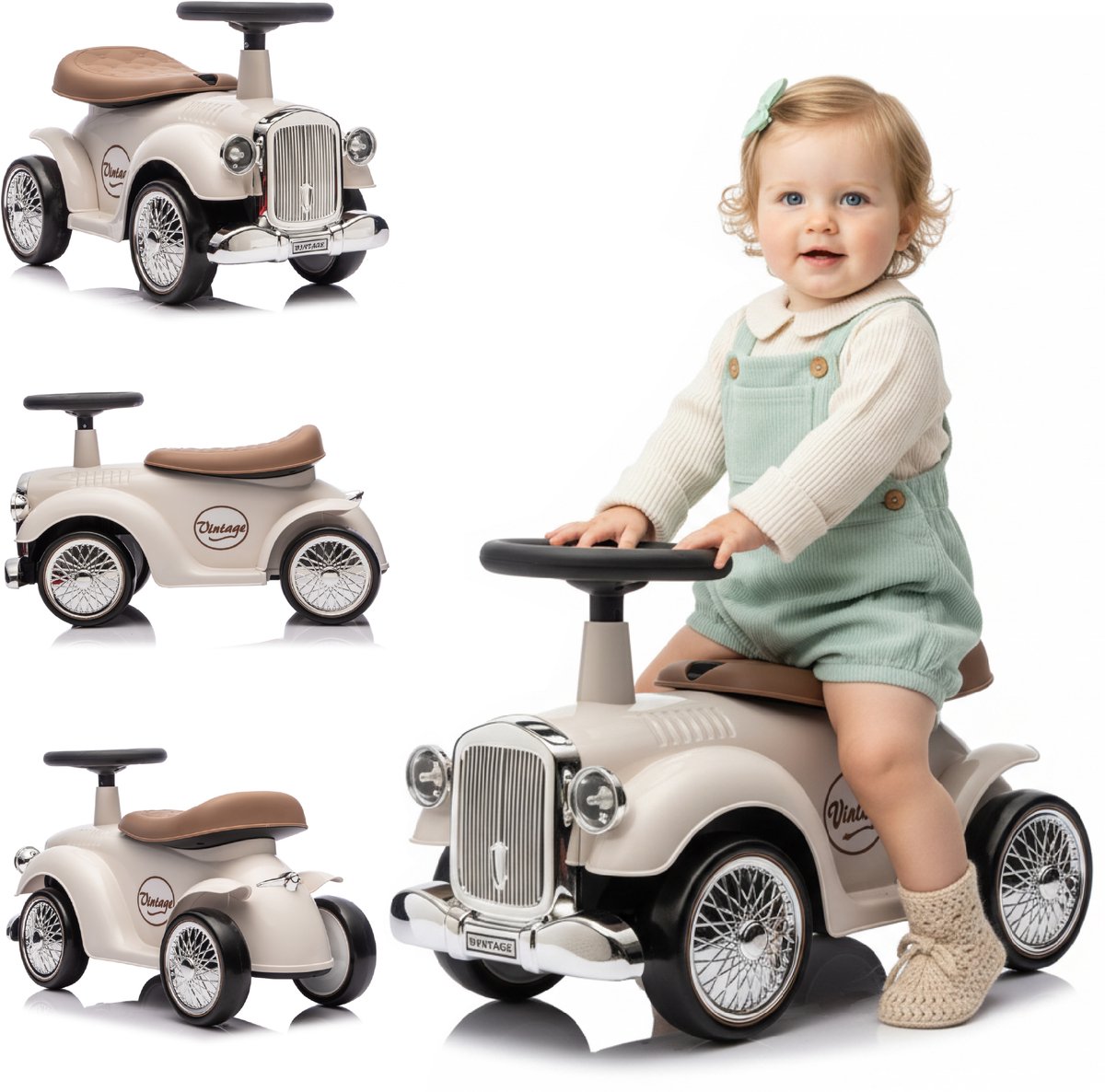 sun baby Loopauto voor kinderen vanaf 1 jaar Retro Classic, kinderauto, loophulp met claxon, pieptoon, opbergvak onder zitting (Ivoor) (5905525350737)