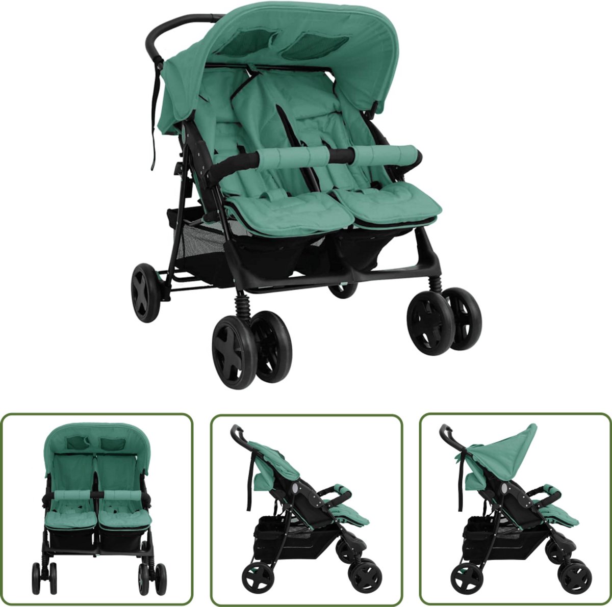 vidaXL Kinderwagen - Tweelingkinderwagen - Tweelingkinderwagen staal groen - Buggy - Driewielers - Kindertransport (8721194622060)