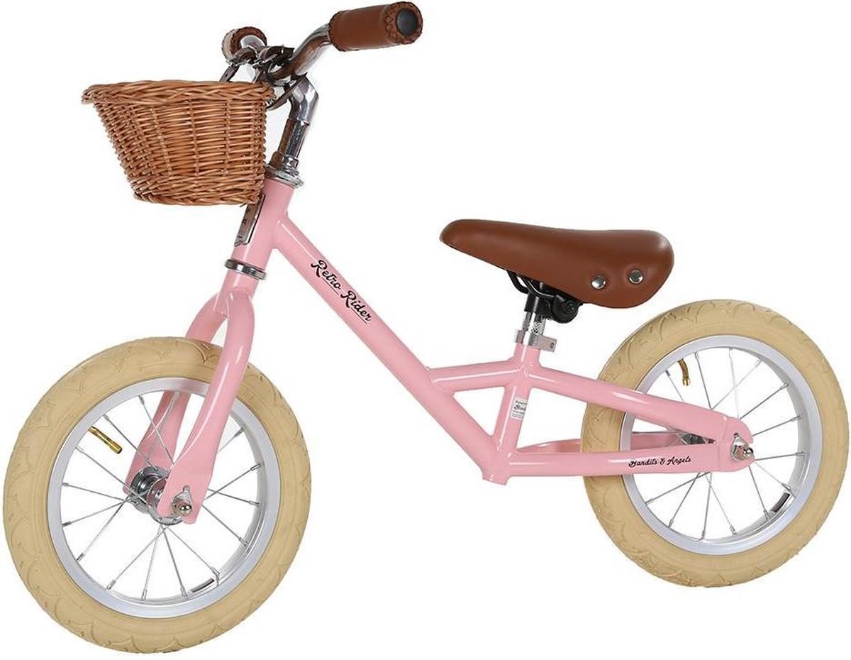 Bandits & Angels Metalen Loopfiets Met Mandje Retro Rider Roze vanaf 2,5 Jaar - Voor Meisjes - Roze Loop Fiets - Verstelbaar Zadel 36 tot 44 cm - Luchtbanden - Luxe handvaten (8719558084135)
