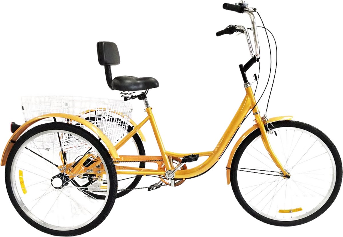 Driewieler voor volwassenen - 6 versnellingen - Fiets voor senioren - 24 Inch - Met mand - Voorrem - Geel (8721052048599)