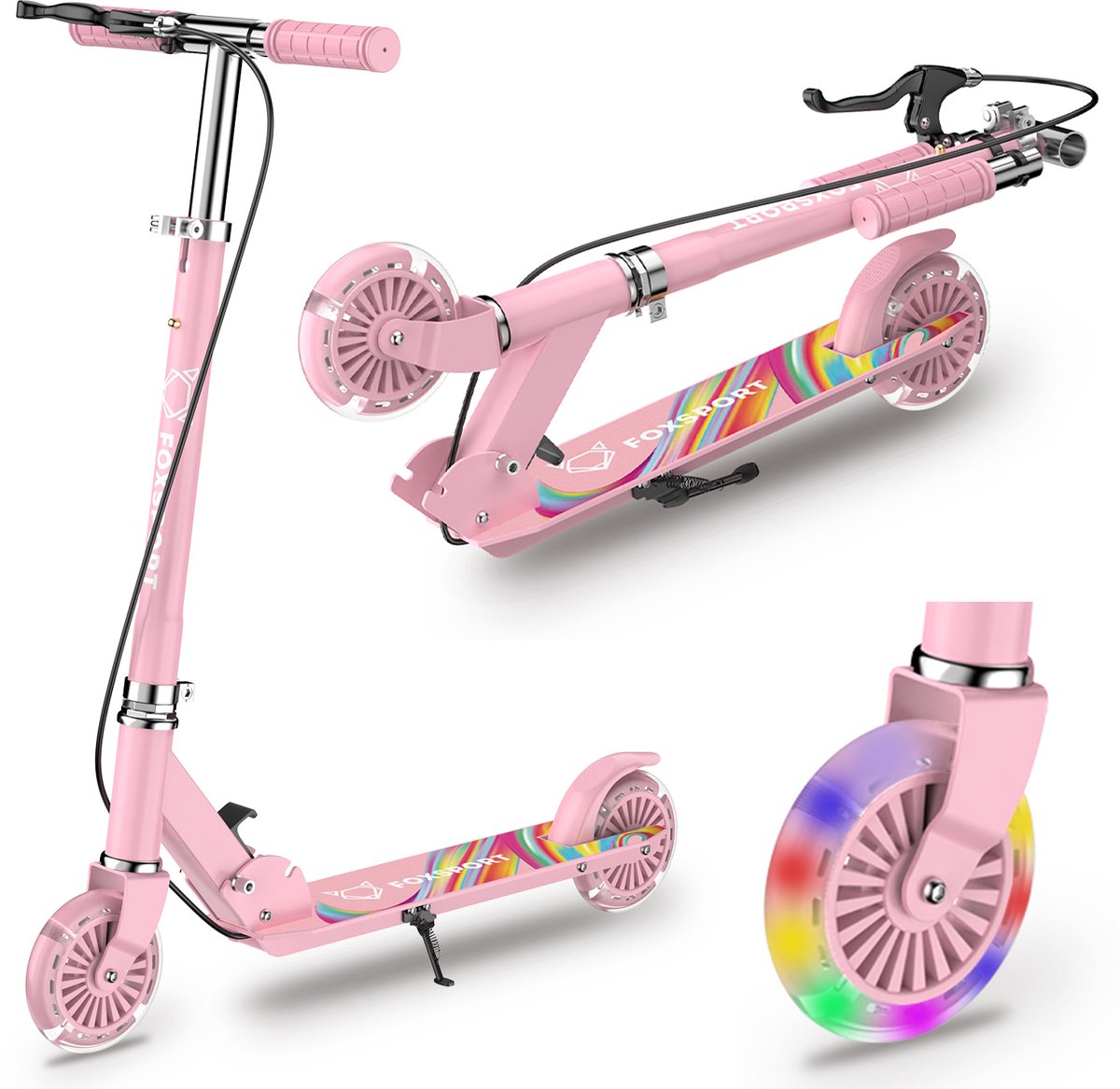 FOXSPORT Kinderstep - Step - Met handrem - Hoogteverstelling op drie niveaus - Speelgoed Jongens/Meisjes - Draagkracht tot 100 kg -120mm Lichtgevende Wielen - Roze (8721325702562)
