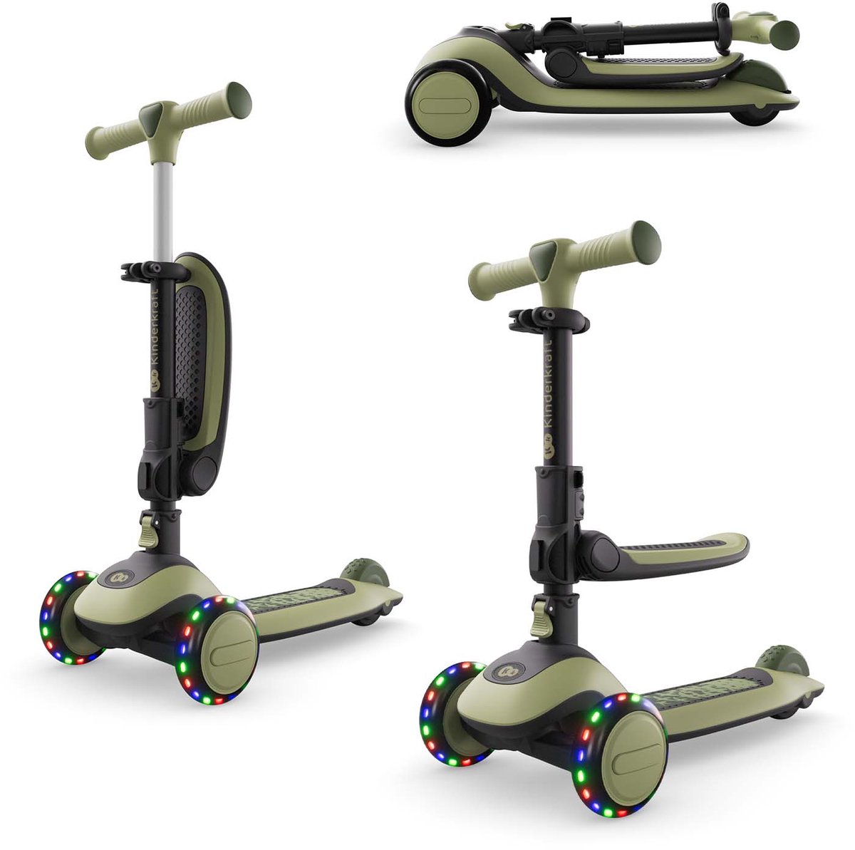 Kinderkraft HALLEY 2 2-in-1 Loopfiets en Driewieler Step - Voor Kinderen van 1-5 Jaar, Max 50 kg - Verstelbaar Zadel en Stuur, Opvouwbaar, LED Wielen - Groen (5902533930180)