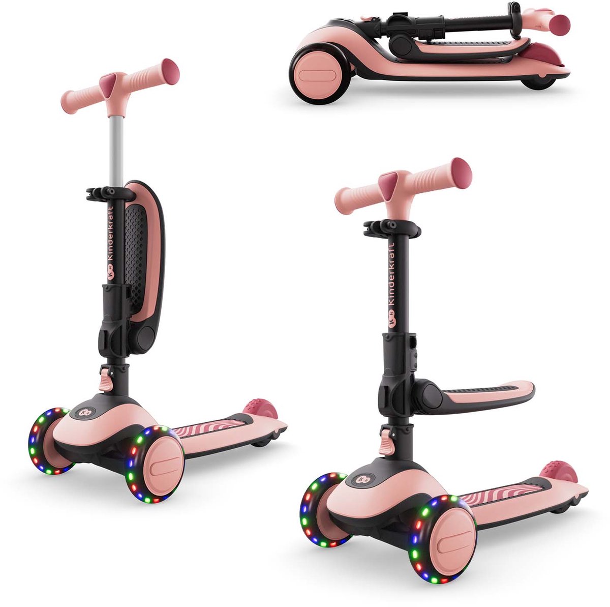Kinderkraft HALLEY 2 2-in-1 Loopfiets en Driewieler Step - Voor Kinderen van 1-5 Jaar, Max 50 kg - Verstelbaar Zadel en Stuur, Opvouwbaar, LED Wielen - Roze (5902533930173)