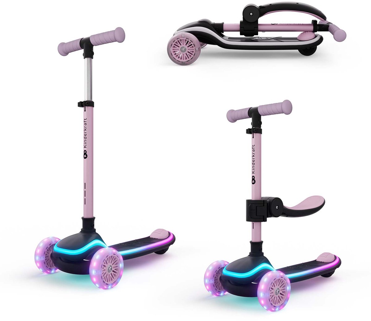 Kinderkraft RAKET UP 2-in-1 Loopfiets en Driewieler Step - 3-Wiel kinderstep - vanaf 2 jaar tot 50 kg - Wielen met RGB LED's - Opvouwbaar in 2 seconden - Verstelbaar stuur - Roze (5902533930036)